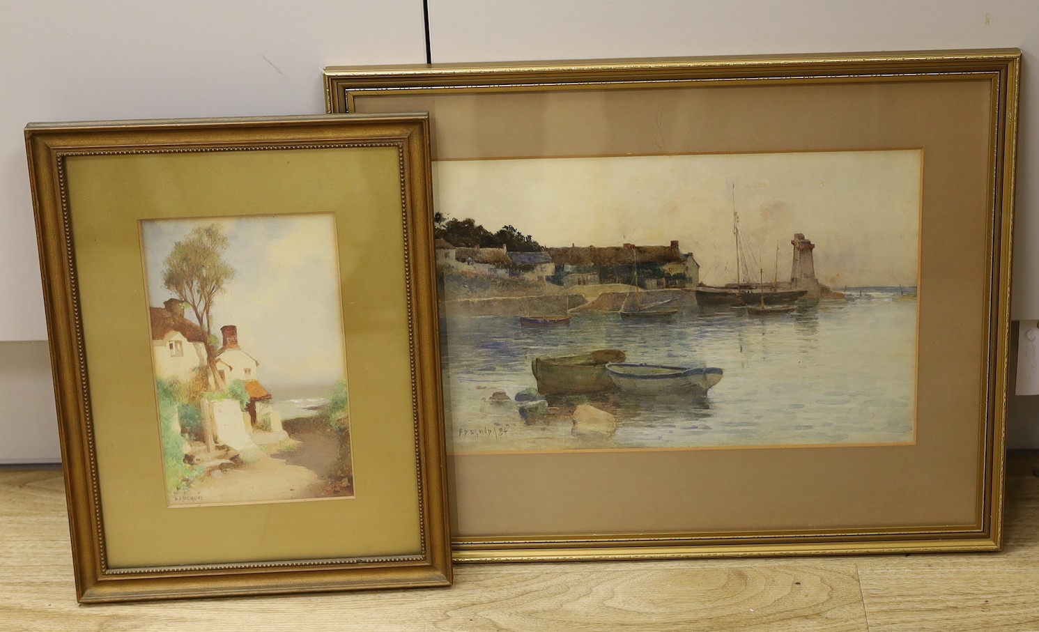 Benjamin David Sigmund (1857-1947), two watercolours, Cornish harbour scene and Waterside houses, signed and dated '84, 22 x 34cm and 21 x 13cm